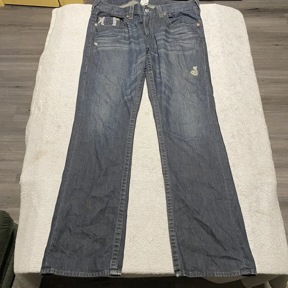 True Religion Straight Jeans Mens 36x34 Painted Logo Pockets Distressed